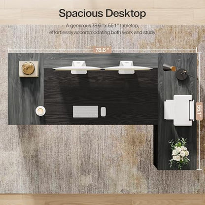 Tribesigns 78" L Shaped Executive Desk with Drawers, Large Office Computer Desk with Cabinet and Storage Shelves, Modern Business Furniture Sets Workstation for Home Office (Gray&Black) - color: Gray&black
