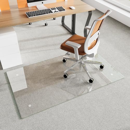 Koonmi Glass Chair Mat for Carpet, 32"x54" Thick Office Chair Mat | Tempered Glass Chair Mats with Round and Polished Edges, Smooth Rolling for Carpet Floor Protection, Scratch-Resistant - color: Transparent, size: 32"x54"