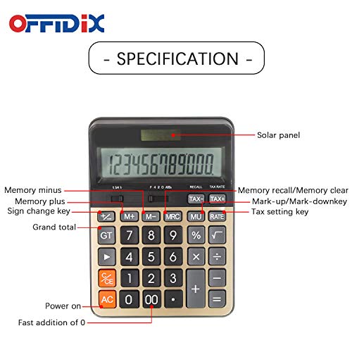 OFFIDIX Big Number Office Calculator with Large LCD Display, Dual Power ﻿ ﻿ - color: Gold