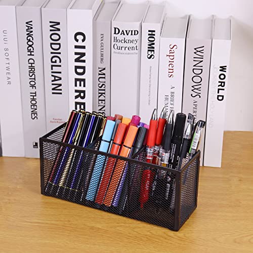 2PCS Black Mesh Pen Pencil Holder, Small Metal Desk Organizer Desktop Stationery Office Supplies Acessories Storage Stand, 3 Compartments Brushes Holder for Home School Classroom Teachers - size: 2pcs 3 Grids