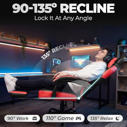 N-GEN GAMING Gaming Chair Big and Tall Computer Heavy Duty Office Desk Chair with Footrest Ergonomic Lumbar Support High Back Recliner for Adults (Red) - color: Red