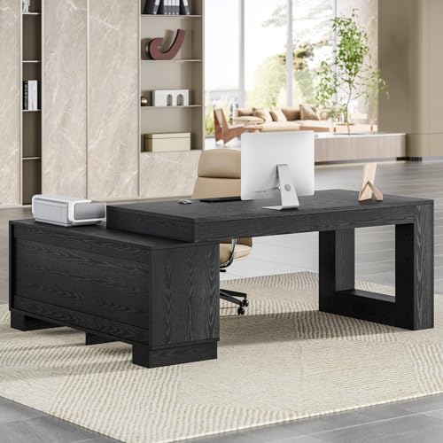 LITTLE TREE L Shaped Executive Desk, Large 63" Executive Desk with File Cabinet, Modern L Shaped Desk, Corner Computer Desk for Home Office & Business Furniture Workstation, Black - color: Black