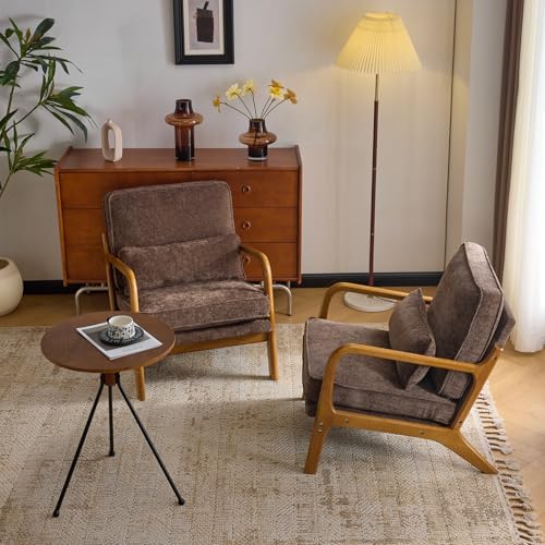 VINGLI Chenille Mid-Century Modern Accent Chair Set of 2, Cute Reading Arm Chair with Cushion & Lumbar Pillow & Solid Wood Frame for Lounge, Living Room, Reading Room, Bedroom, Espresso - color: Espresso