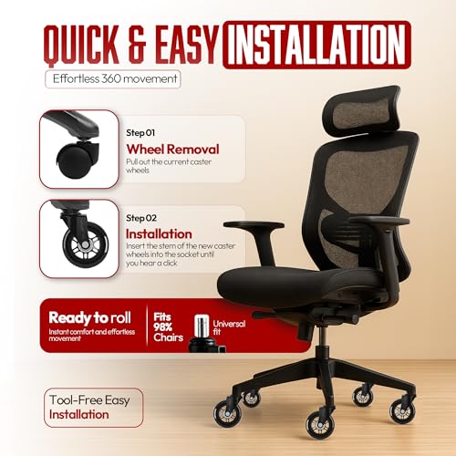 Office Chair Wheels, Computer Gaming Chair Wheels, Roller Blade Wheels for Office Chairs, Fits 98% Chair 3 Inch, Office Furniture Casters Safe for Hardwood Floors & Carpet - Set of 5 - color: Black Pack of 5