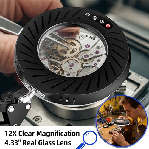 Akynite 12X Magnifying Glass with Light and Stand,5 Color 9 Levels Dimmable | Hands Free, Flexible Robot Arm, USB, with Adapter, Dual Base, 144 LED, Real Glass Magnifying Desk Lamp for Craft Close Work