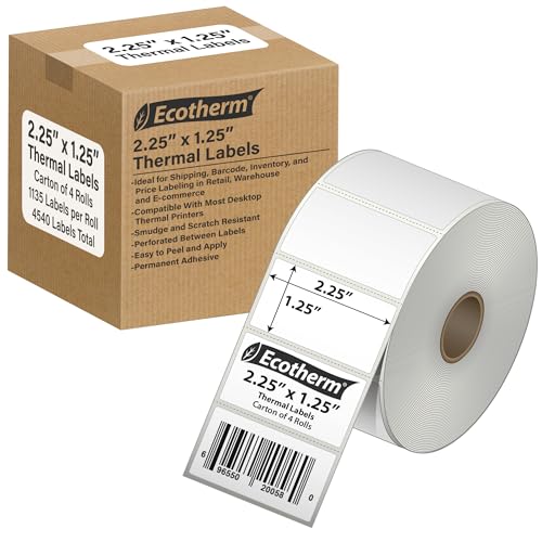 2.25" x 1.25" Thermal Labels | 4 Rolls | 1,135 Labels/Roll | 4,540 Total | fits Zebra, Munbyn, Rollo, Godex, Arkscan, iDPRT, Offnova Thermal Printers | Blank White Adhesive Stickers by Ecotherm - size: 2.25 x 1.25 - 4540 Labels