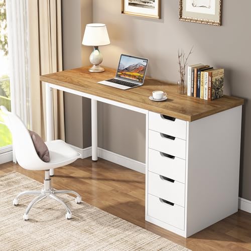 Tribesigns Computer Desk with 5 Drawers, 47 inches Rustic Brown Home Office Desk with Storage, Modern Simple Laptop Desk Study Writing Table for Small Spaces (1, Walnut+White) - color: Walnut+white