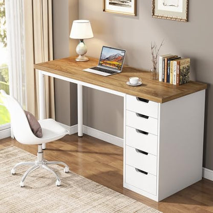 Tribesigns Computer Desk with 5 Drawers, 47 inches Rustic Brown Home Office Desk with Storage, Modern Simple Laptop Desk Study Writing Table for Small Spaces (1, Walnut+White) - color: Walnut+white