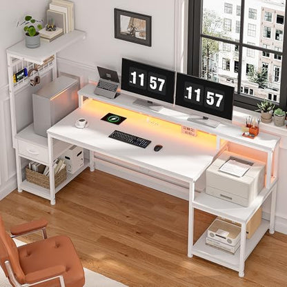 DurayLoly 63" Gaming Desk with RGB LED,Headphone Hook Shelves for Bedroom - color: White, size: 19.6"Dx63"Wx51"H