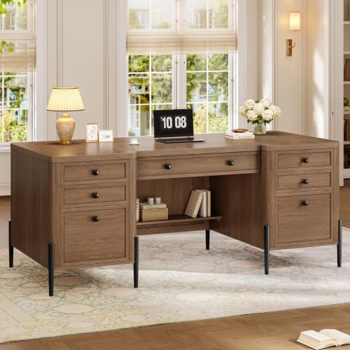 63" Executive Desk with 6 Drawers & 2 Storage Cabinet - color: Brown-1, size: Tapered Metal Legs