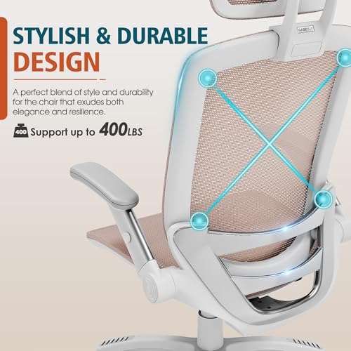 GABRYLLY Ergonomic Office Chair, High Back Home Desk Chair with 2D Flip-Up Arms, 3D Headrest, 90-120° Tilt and Wide Cushion, Big and Tall Mesh Chairs for Man Woman, White Computer Task Chair Pink - color: White Frame Pink Mesh