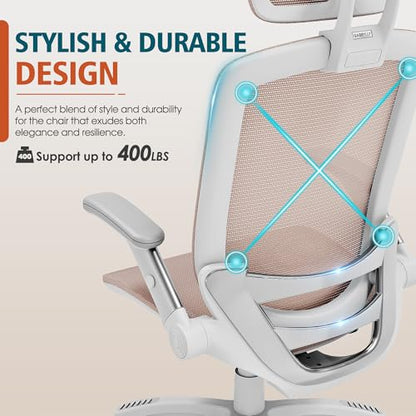 GABRYLLY Ergonomic Office Chair, High Back Home Desk Chair with 2D Flip-Up Arms, 3D Headrest, 90-120° Tilt and Wide Cushion, Big and Tall Mesh Chairs for Man Woman, White Computer Task Chair Pink - color: White Frame Pink Mesh
