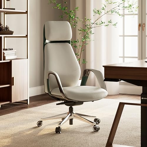 EUREKA ERGONOMIC Comfortable Office Chair Ergonomic Desk Chair, Genuine Leather Office Chair Big and Tall Executive Chair with Lumbar Support, Modern Ergonomic Chair with Wheels for Home Office- Beige - color: Off-white