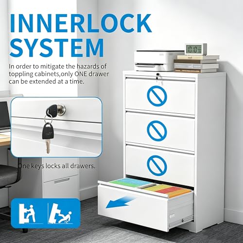 Industrial 36" W Premium Lateral File Cabinet with Lock, Metal Filing Cabinets, Adjustable Hangrails for A4, Legal, Letter Files, White - color: White, size: W36" - 4 Drawers