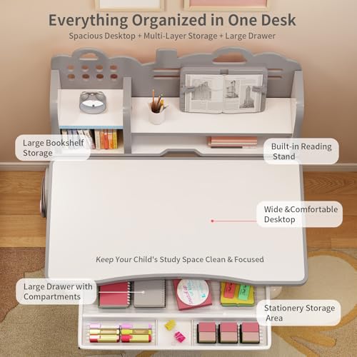 Kids Study Desk and Chair Set 3-12, Adjustable Children School Desk-10GREY | Height Adjustable | 50° Tilt Desktop | Book Stand & Metal Hook & Storage Drawer | Writing Drawing Table for Boys and Girls - color: 100-grey-27.5in