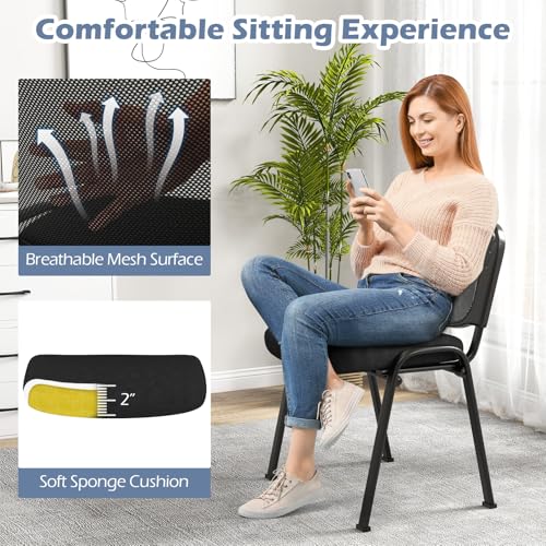 COSTWAY Stackable Guest Reception Chairs Set of 15 with Mesh Backrest | Meeting Room Chairs with Upholstered Wide Seat, Metal Frame, Anti-slip Foot Pads, Conference Chairs No Wheels for Office - size: 15 Pack