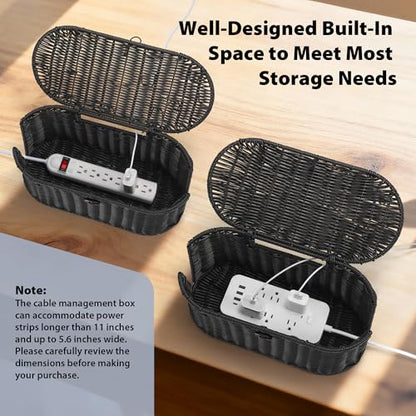 Oval Rattan Style Cable Management Box, Cable Organizer Button Loop Closure