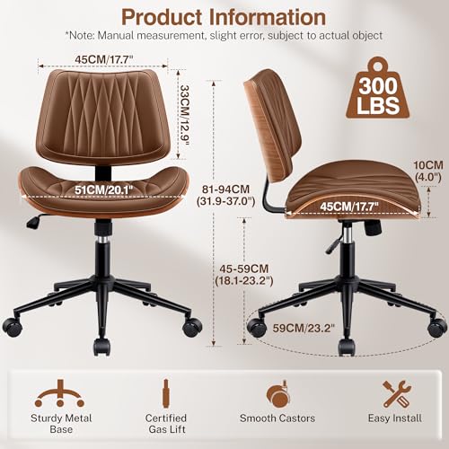 Ergonomic Armless Office Desk Chair - Mid-Century Modern Brown Faux Leather with Diamond Stitch, Adjustable Height Swivel Rolling Task Computer Chair with Walnut Accent for Home Office, Study & Work - color: Brown, size: 1 Pack