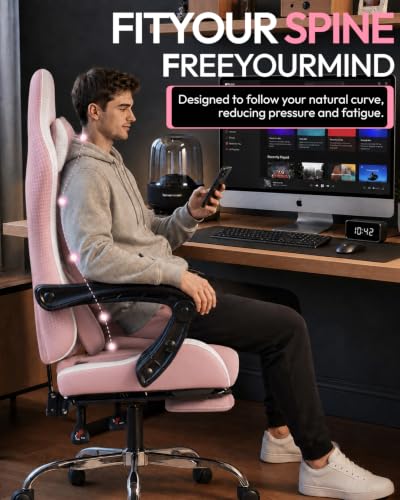 Dowinx Ergonomic Gaming Chair with Footrest & Massage Lumbar, 2D-Linkage Armrests for Computer Chair 330lbs with Headrest Pillow for Office, Home, Streaming and Long Gaming Sessions, Bright Pink - color: Blush Pink