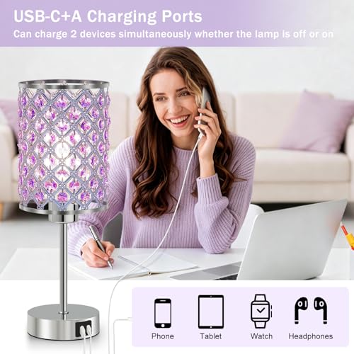 GyroVu Purple Crystal Bedside Table Lamps Set of 2 with USB C+A Ports - color: Purple-2, size: 14.75"