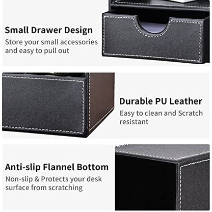 Pu Leather Desk Organizer Pen Pencil Holder Office Supplies Caddy Storage Box 6 Compartments with Drawer Black - color: Black