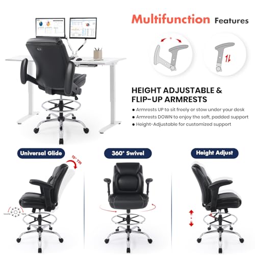 Ergonomic Mid-Back Premium Faux Leather Adjustable Drafting Chair with Multi-Function Arms and Foot Ring, Standing-Desk Matched Tall Swivel Computer Office Stool, Black