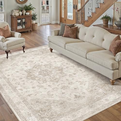 PureCozy Beige 6x9 Washable Area Rug Vintage Oriental Medallion Carpet | Soft Low Pile, Non Slip, Stain Resistant, Large, Neutral Retro Decor for Living Room, Bedroom, Dining Room, Kids Room - color: Beige, size: 6' x 9' (Rectangular)