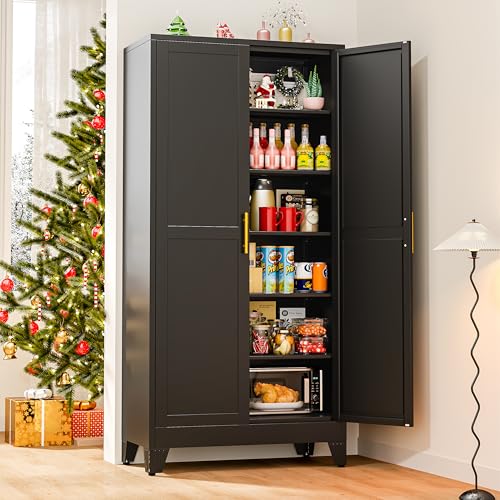 winiowa Tall Metal Kitchen Pantry Storage Cabinet with 2 Doors and 5 Adjustable Shelves - 75.2" Kitchen Cabinet with Gold Handles for Kitchen, Bathroom, Dining Room, Living Room - Black - color: 2d-black, size: 18"D x 36"W x 75.2"H