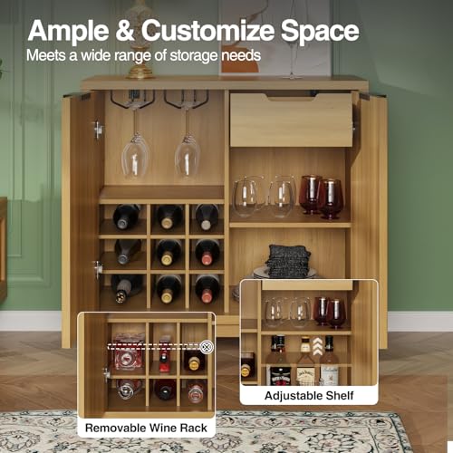 Fluted Coffee Bar Cabinet with Storage, Modern Sideboard Buffet Cabinet - color: Wood Grain, size: Coffee Bar - 15.7"D x 31.5"W x 31.5"H