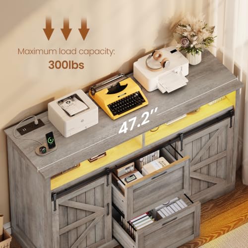 SEDETA 47.2" File Cabinet, 2 Drawers Filing Cabinets for Home Office fit Legal/Letter/A4 File, Farmhouse File Cabinet with Barn Door & Power Outlets, Printer Stand with Storage & LED Lights, Grey - color: Grey