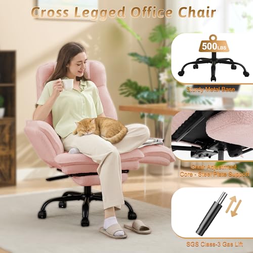 Wider Seat Office Chair with Flip Armrests for Criss Cross Legged&Cats, Big and Tall Executive Ergonomic Reclining Chair with Footrest&Lumbar Pillow, Teddy Fleece Desk Chair,Pink Vanity Chair - color: Pink