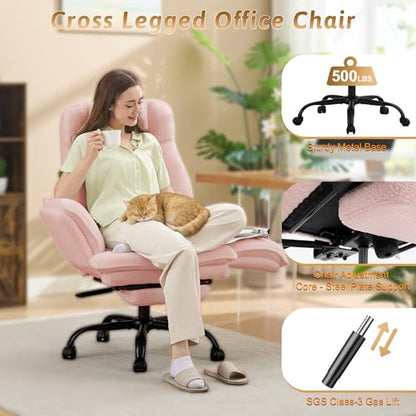 Wider Seat Office Chair with Flip Armrests for Criss Cross Legged&Cats, Big and Tall Executive Ergonomic Reclining Chair with Footrest&Lumbar Pillow, Teddy Fleece Desk Chair,Pink Vanity Chair - color: Pink