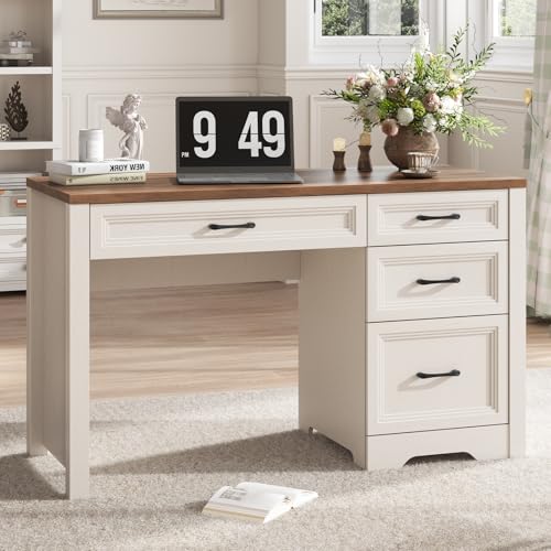 Vabches Farmhouse Executive Desk with Drawers, Home Office Desk with File Drawer, Wood Computer Desk with Ample Storage, Rustic Office Desk with Spacious Tabletop for Work, White - color: Brown White, size: 19.7"D x 47.2"W x 30.7"H