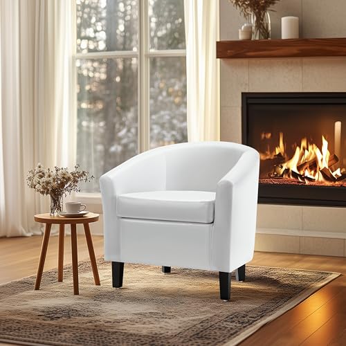 Topeakmart Faux Leather Accent Chair, 300 lb Cap, White | PU Leather Barrel Chairs, U-shaped Backrest, Foam Seat, 18" Seat Height, Solid Wood Legs - color: White, size: Set of 1