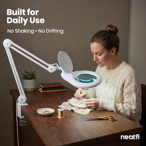 Neatfi Elite XL HD Super LED Magnifying Lamp with Clamp – 7” Glass Lens, 5-Diopter, 6500K Daylight | Glare-Free, Adjustable Arm | Reading, Sewing & Crafting (7 Inch Lens, White) - color: White, size: 7 Inch Lens