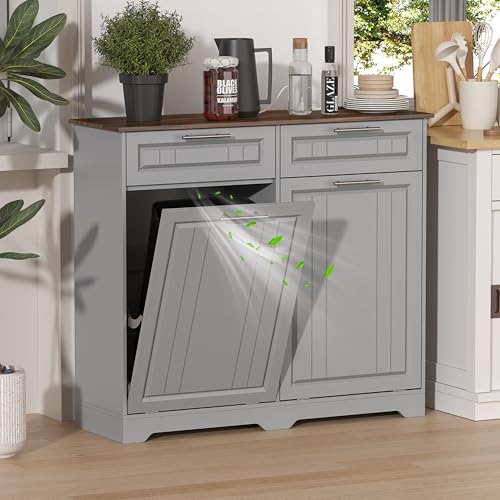 Double 10 Gallon Tilt Out Trash Can Cabinet with Deodorizing Function, Wooden Hidden Garbage Can Holder with Storage Drawers for Kitchen and Dining Room, Laundry Hamper Cabinet for Bathroom, Grey - color: Grey, size: 13.11"D x 40.16"W x 35.2"H(Double)