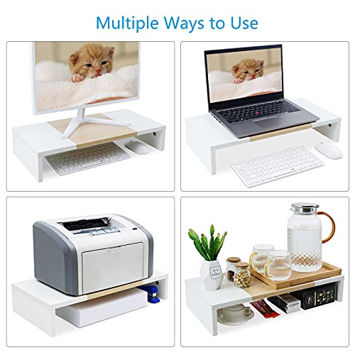 TEAMIX 20 Inch Monitor Stand Riser, Wooden Desktop Riser for TV/PC/Laptop/Printer, Cozy Monitor Riser with Storage, Laptop Shelf for Home Office - color: White+Maple, size: 20 inch
