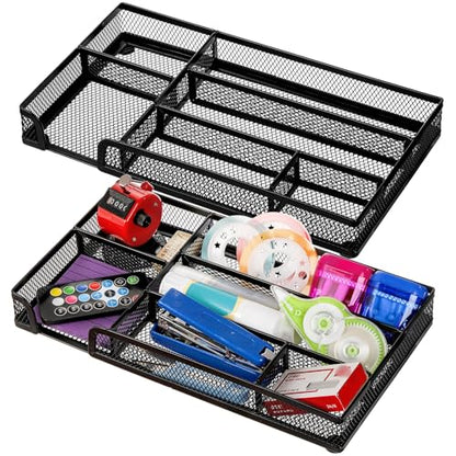 Noamus 2 Pack Desk Drawer Organizer, Metal Mesh Drawer Office Tray, 6 Compartments Pen Organizer Storage Box, Desktop Basket Accessories for Home Office School Kitchen Vanity Supplies, Black
