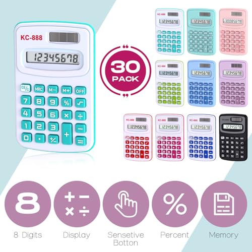Flutesan 30 Pack Pocket Calculator,Red, Blue, Green, Black, Pink, Purple - color: Red , Blue, Green, Black, Pink, Purple