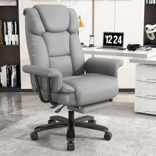GYI 160 Reclining Office Chair with Footrest, Big & Tall Desk Chair, Grey | Cross Legged Seat, High Back, Faux Leather, Heavy Duty Base, Adjustable Height, for Home, Executive - color: Grey