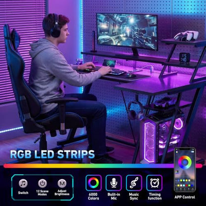 Korfile 47 Inch Gaming Desk with LED Lights & Power Outlet, L Shaped Computer Desk with Storage Shelves, Gamer Workstations with Monitor Stand for Bedroom, Carbon Fiber Black | L Shaped Computer Desk, Gamer Workstations, Storage Shelves, Monitor Stand, fo