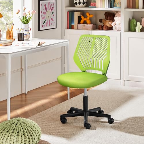Yaheetech Small Desk Chair, Armless Adjustable Swivel Seat, Green | Padded mesh seat and ventilated resin back, compact armless frame rolls and adjusts for study and small desks, holds 300 lb. - color: Green