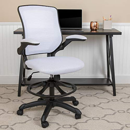 EMMA + OLIVER Mid-Back White Mesh Drafting Chair - color: White