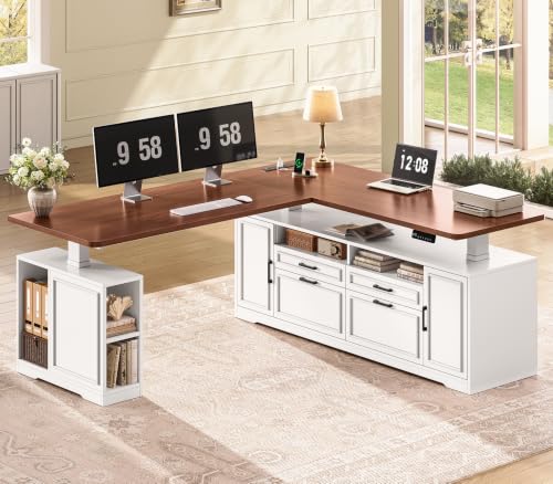 SEDETA Farmhouse L Shaped Electric Standing Desk, 69" x 55" Height Adjustable Office Executive Desk with 4 Drawers and Storage Shelves, Sit Stand Computer Desk with Power Outlet, White and Brown - color: White and Brown