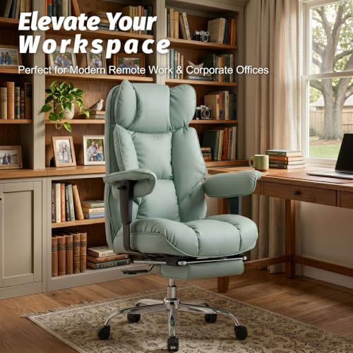 Efomao Executive Office Chair 400lbs,Green Big and Tall Desk Chair | Mattress-grade pocket spring cushion, sleek leather, 135° recline & footrest for computer gaming setup. - color: 3084p-green