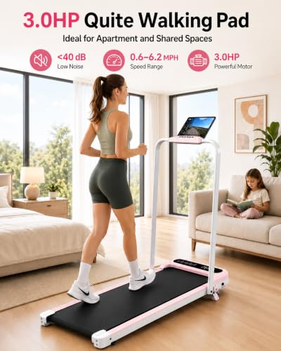 Cardirun Walking Pad with Incline and Stable Handle Bar, Foldable Treadmill | 350+ lbs Capacity, 3.0HP Quiet Under Desk Treadmills for Home, Portable Treadmill with APP, Remote Control and LED Display - color: PINK