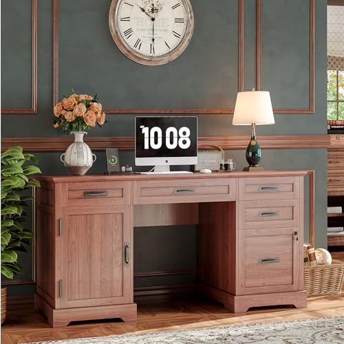 Alohappy 55'' Farmhouse Executive Desk, Home Office Desk with Drawers, Wood Computert Desk with File Cabinet and Power Outlets, Cherry Brown - color: Cherry Brown, size: 55''