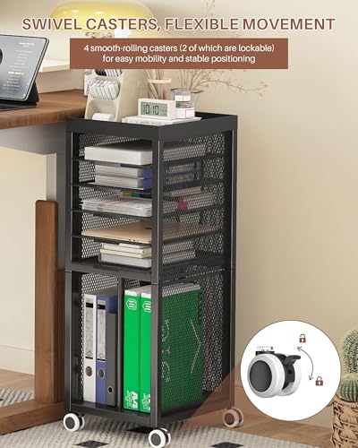 Rolling File Cart with 4 Dividers, Mobile File Cabinet with Wheels | Hanging File Folder Organizer, Under Desk Storage, Printer Stand Utility Cart Filing Cabinet for Home Office（Black）