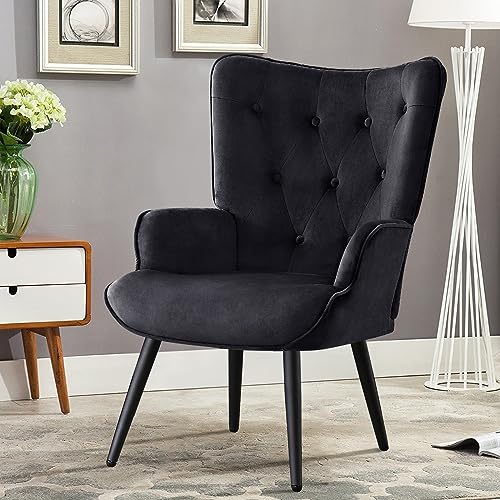 Furniliving Velvet Accent Chair Modern Upholstered Side Armchair with Tapered Legs Tufted Button Wingback Sofa Chairs Tall Back Reading for Living Room Bedroom Waiting Room, Black - color: Black, size: Set of 1