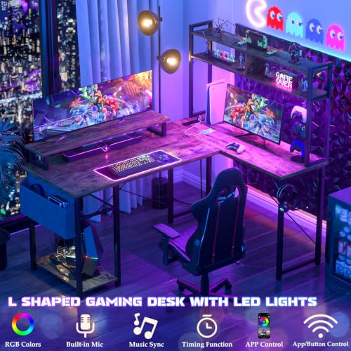 Aheaplus Small L Shaped Desk Gaming Desk with LED Lights & Power Outlets - color: Rustic Brown